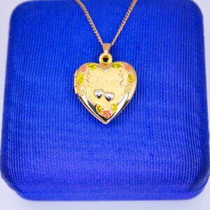 14K Gold Filled Vintage Engraved MOM Heart Floral Locket Pendant Necklace Signed